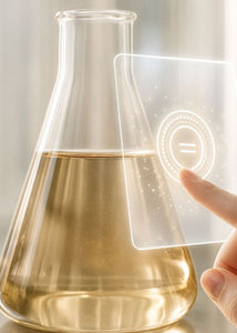 Die Hand berührt eine digitale wissenschaftliche Schnittstelle neben einem goldenen Flüssigkeitsbecher, der Monika Heiligmanns innovative Lippenpflege symbolisiert.